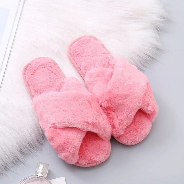 Winter House Women Fur Slippers Fashion Cross Band Warm Plush Ladies Fluffy  Shoes Cozy Open Toe Indoor Fuzzy Slides For Girls